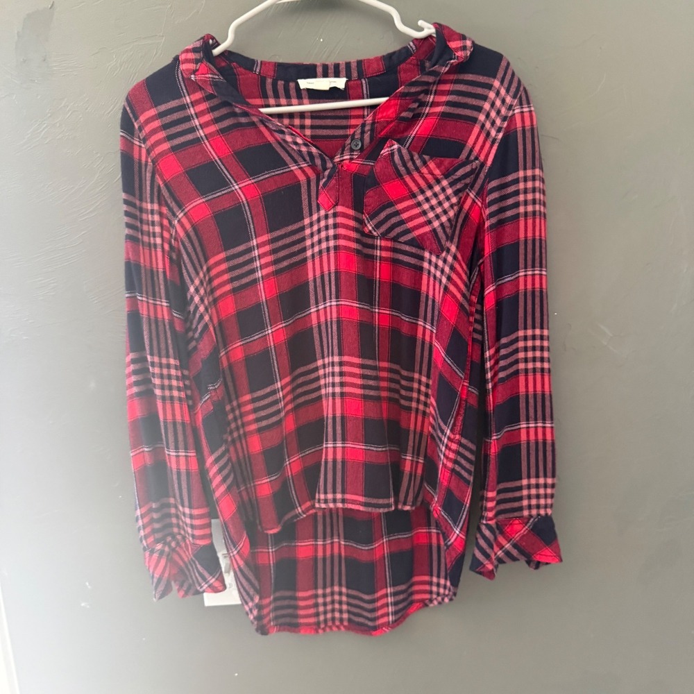 Beachlunchlounge Womens‎ Red Navy Plaid Rayon Tunic Blouse High Low Hem Size M